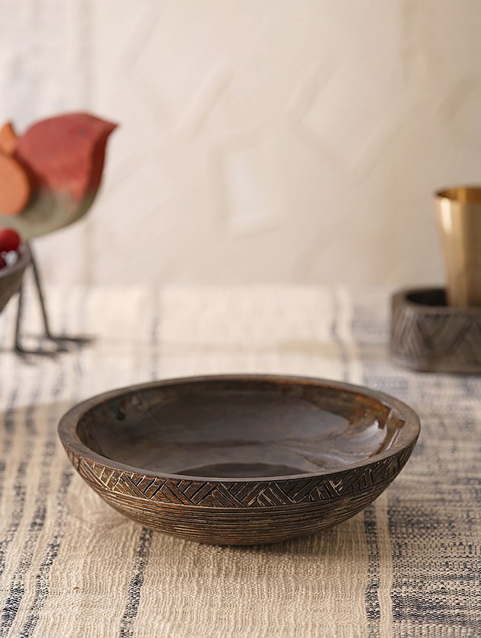 Handcarved And Enamelled Serving Bowl