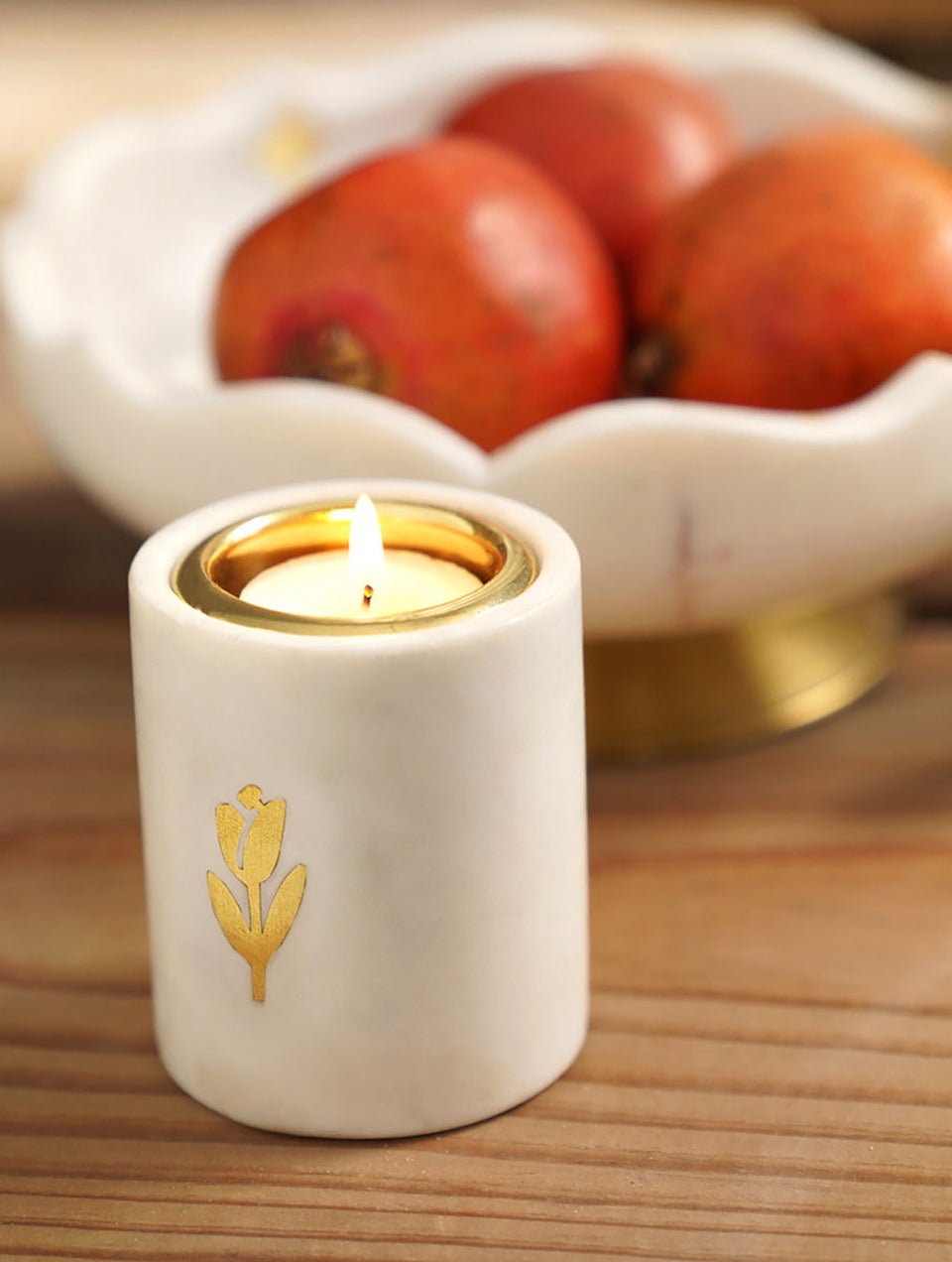 White Handcrafted Marble Tea-Light With Brass Inlay