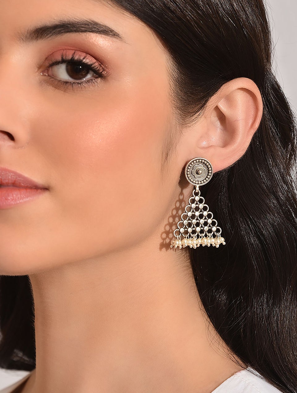 Women Silver Dangler Earrings with Pearls