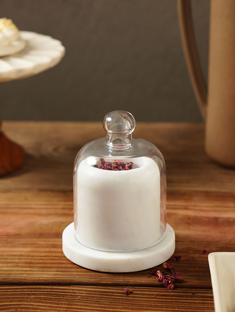 White Marble And Glass Condiment Jar With Glass Dome