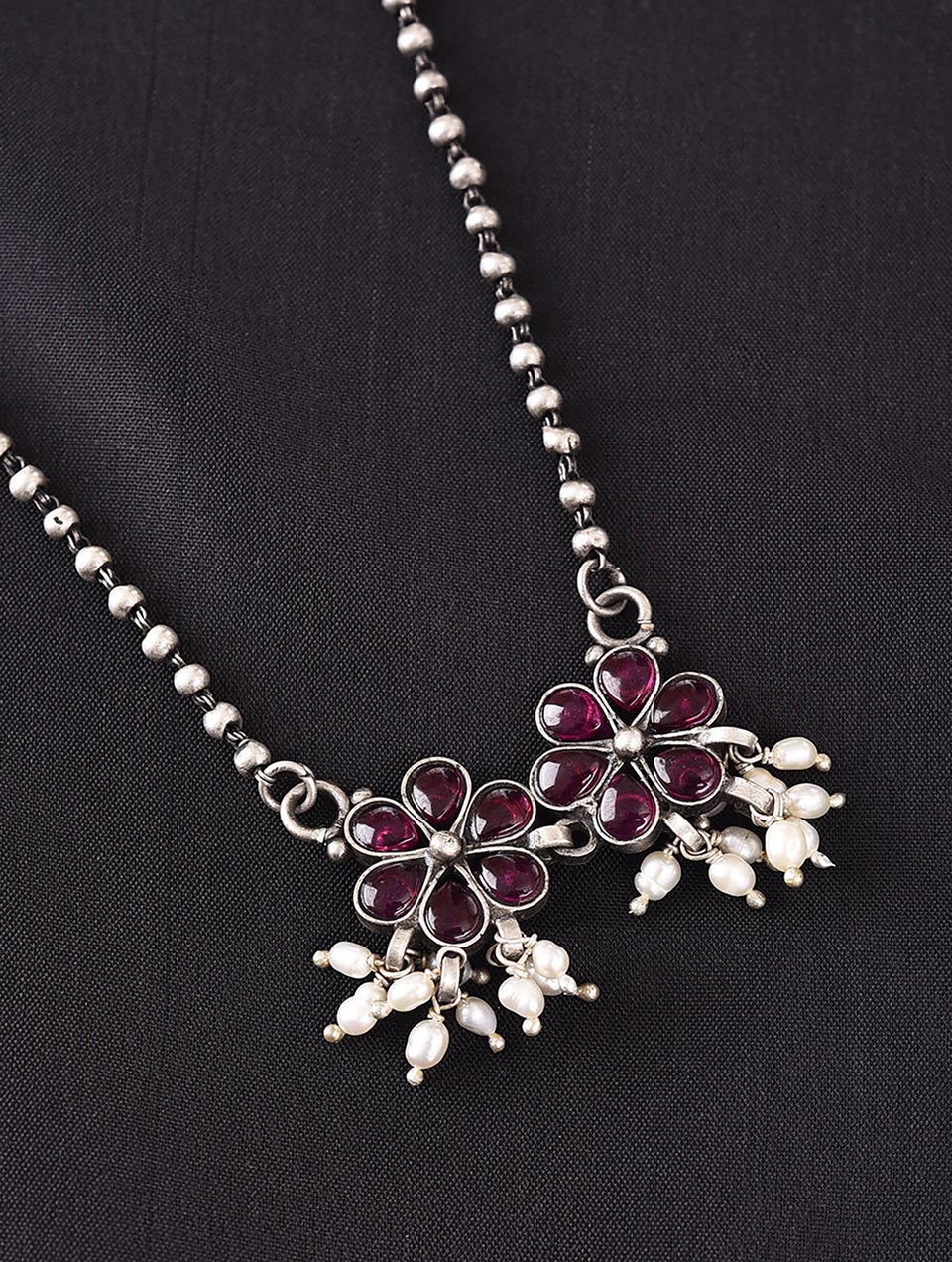 Women Ruby Pink Kempstone Encrusted Beaded Silver Long Necklace With Freshwater Pearls