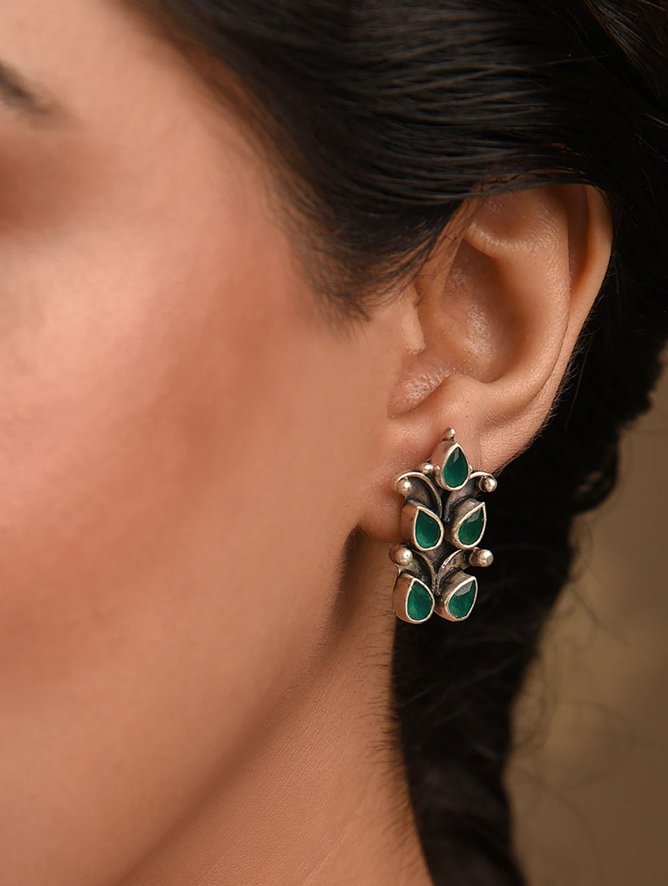 Women Green Tribal Silver Earrings