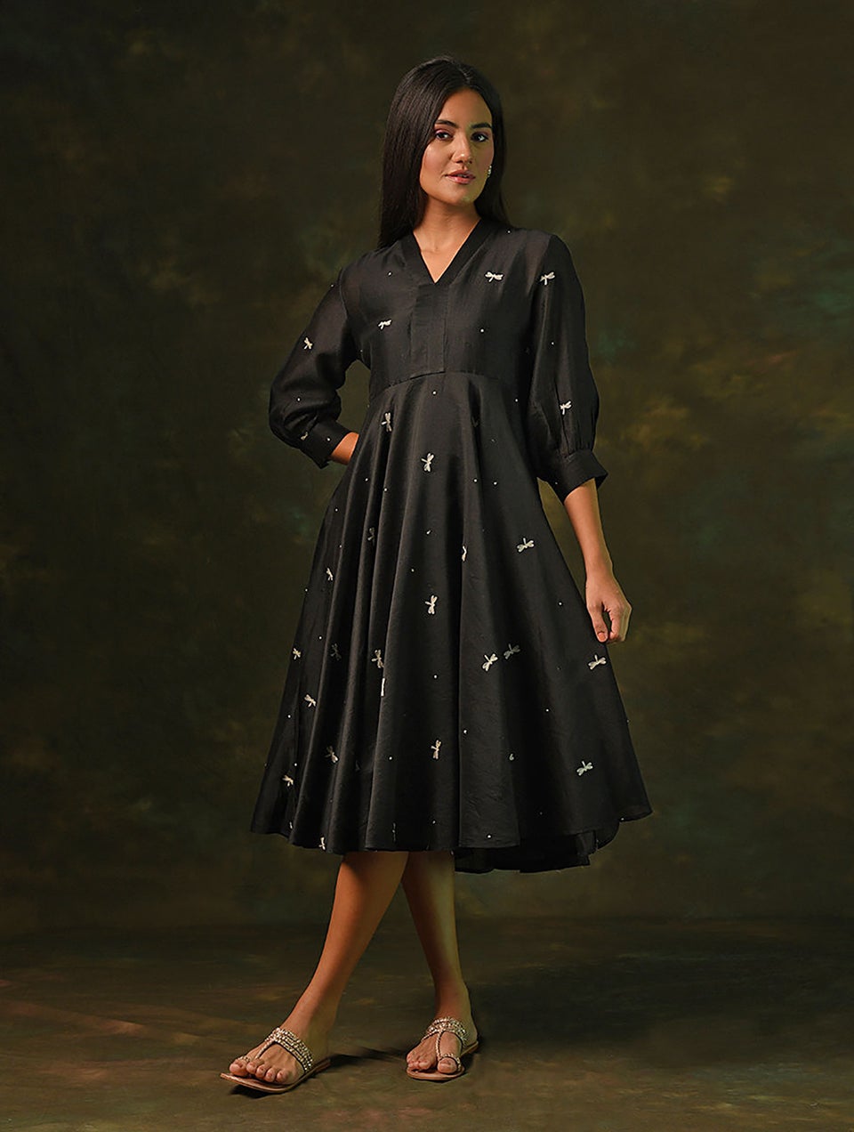Women Black Embroidered Silk Cotton Dress with Slip