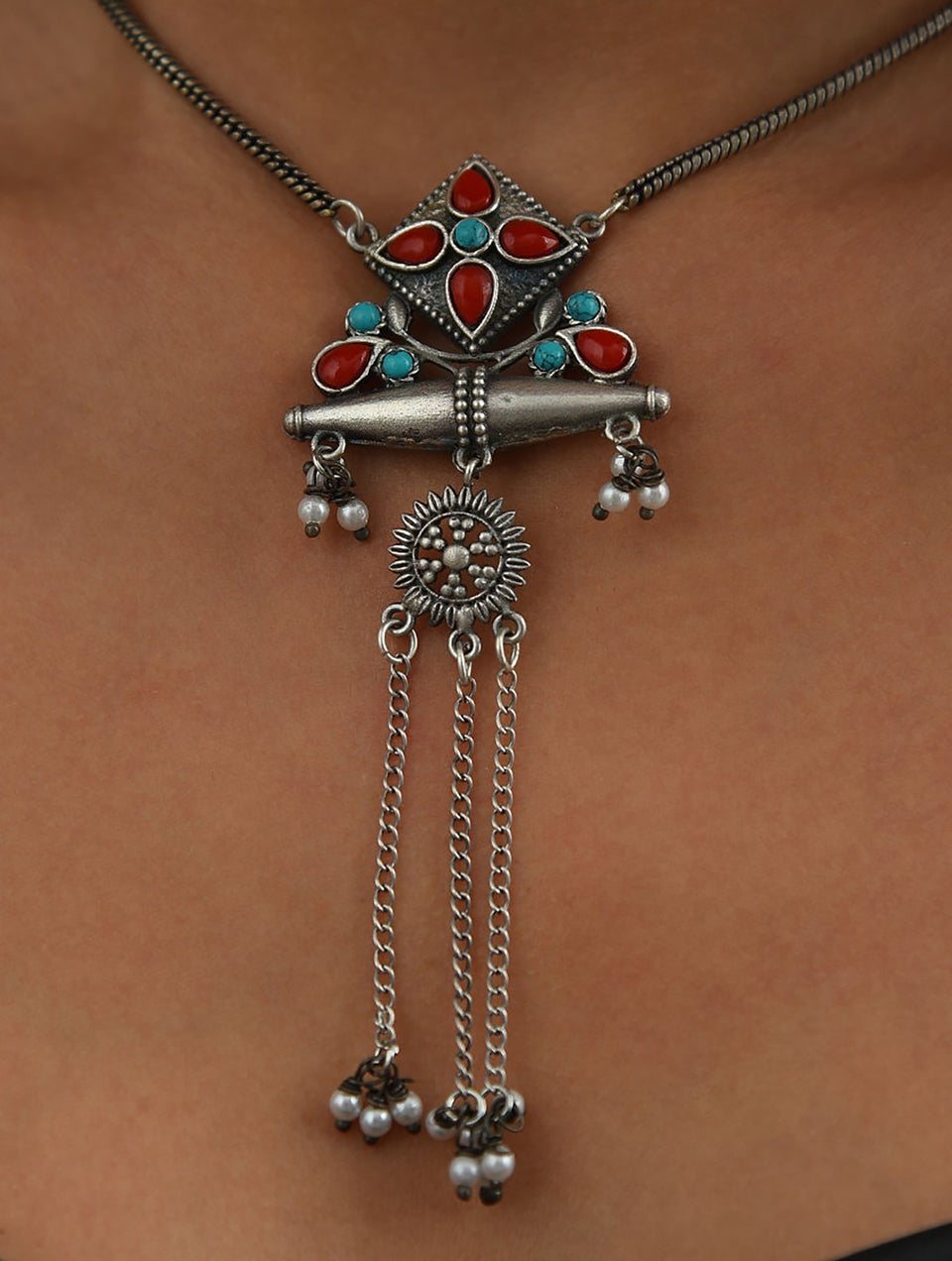 Women Red Blue Silver Tone Tribal Necklace