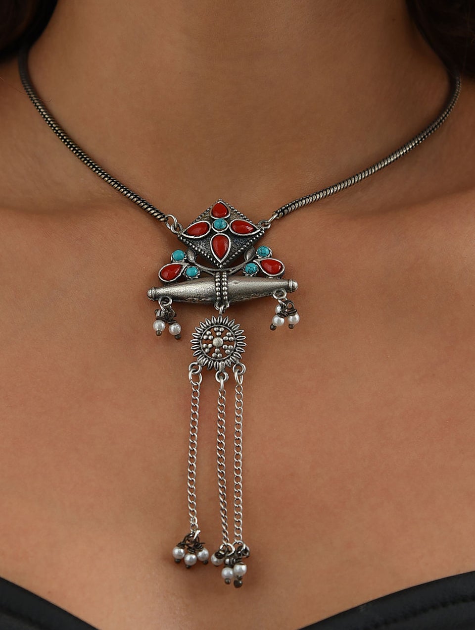 Women Red Blue Silver Tone Tribal Necklace