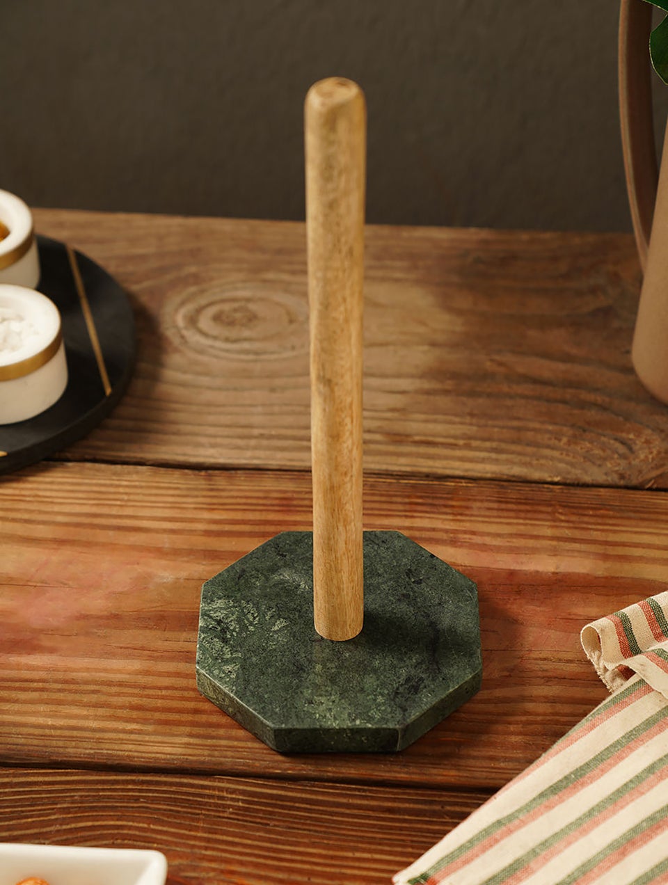 Green Marble And Wood Towel Holder