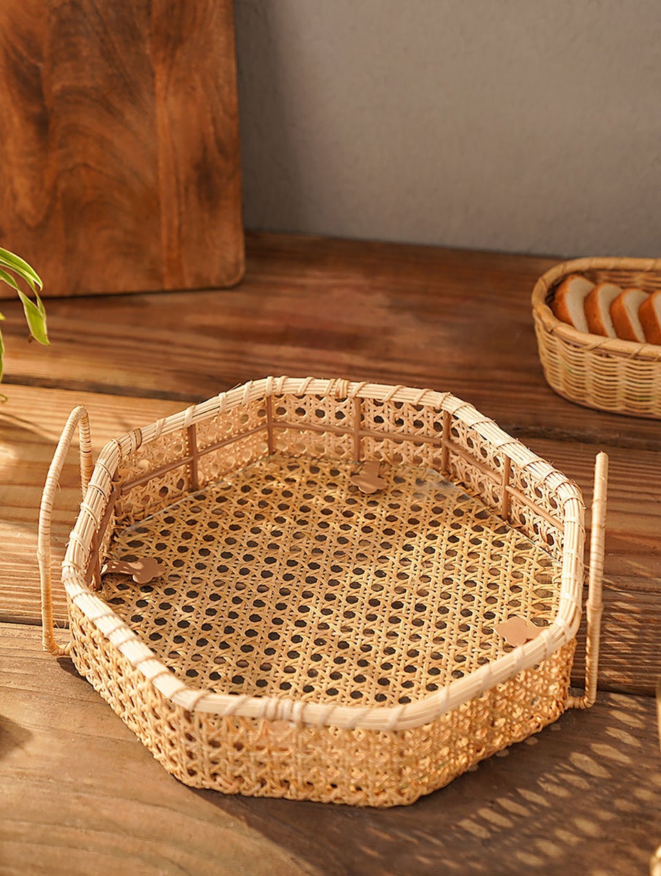 Handcrafted Hexagonal Cane Tray With Handles