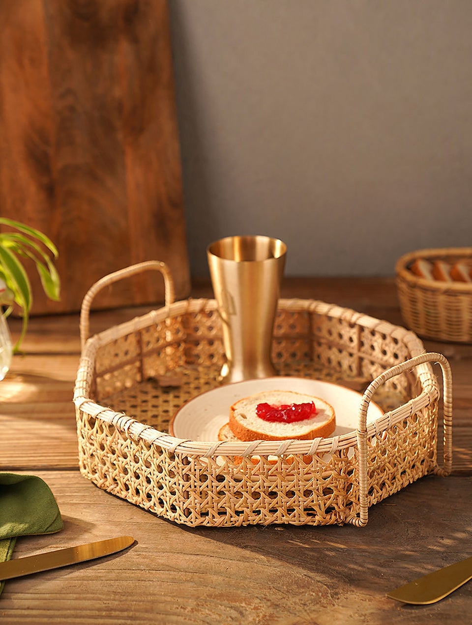 Handcrafted Hexagonal Cane Tray With Handles