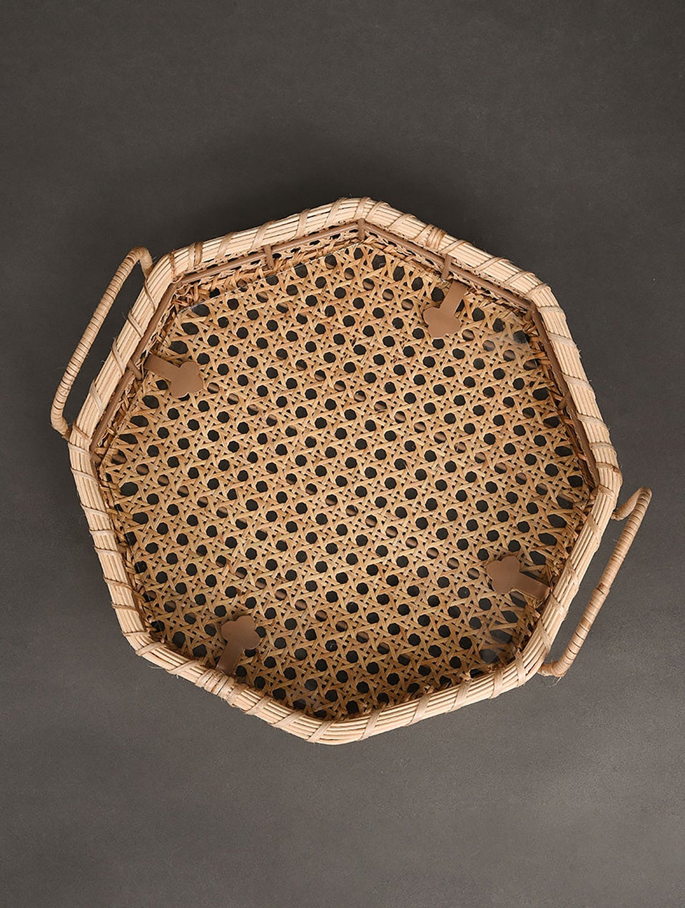Handcrafted Hexagonal Cane Tray With Handles