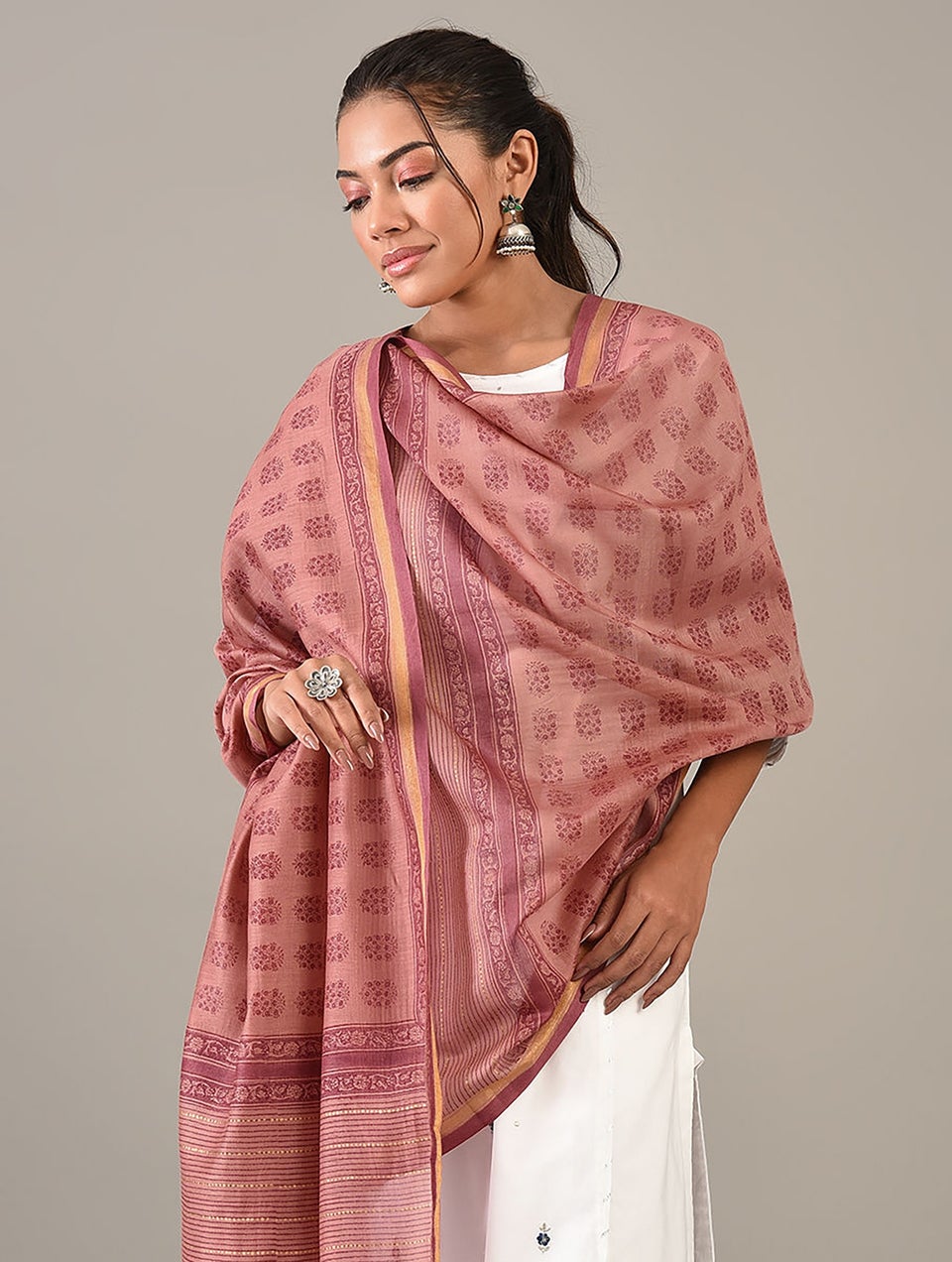 Women Pink Block Printed Cotton Silk Dupatta