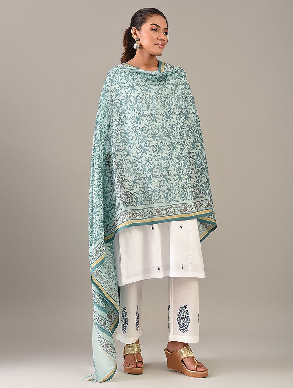 Women Blue Cotton Silk Block Print Dupatta