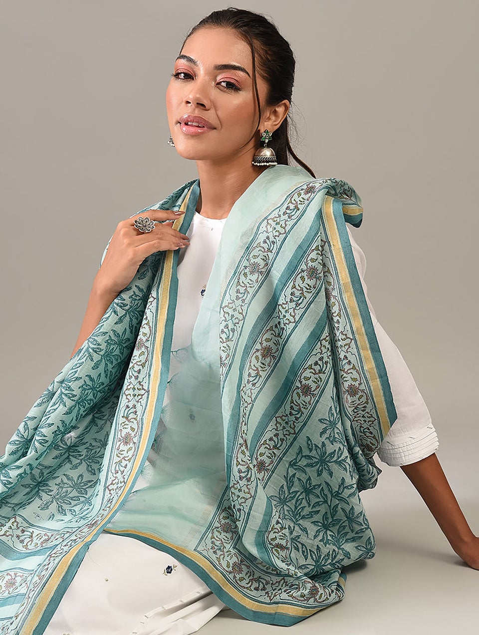 Women Blue Cotton Silk Block Print Dupatta