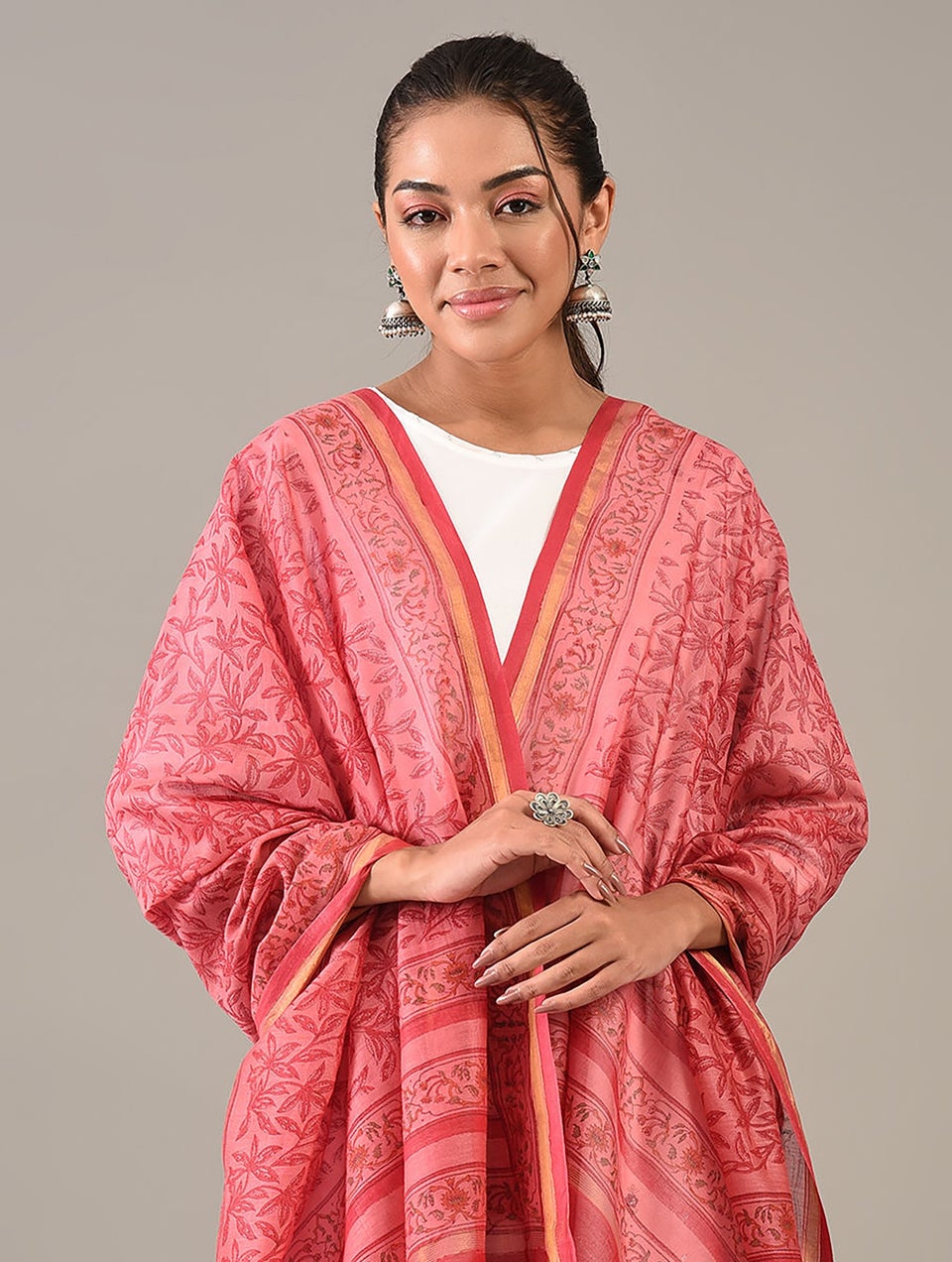 Women Red Cotton Silk Block Print Dupatta