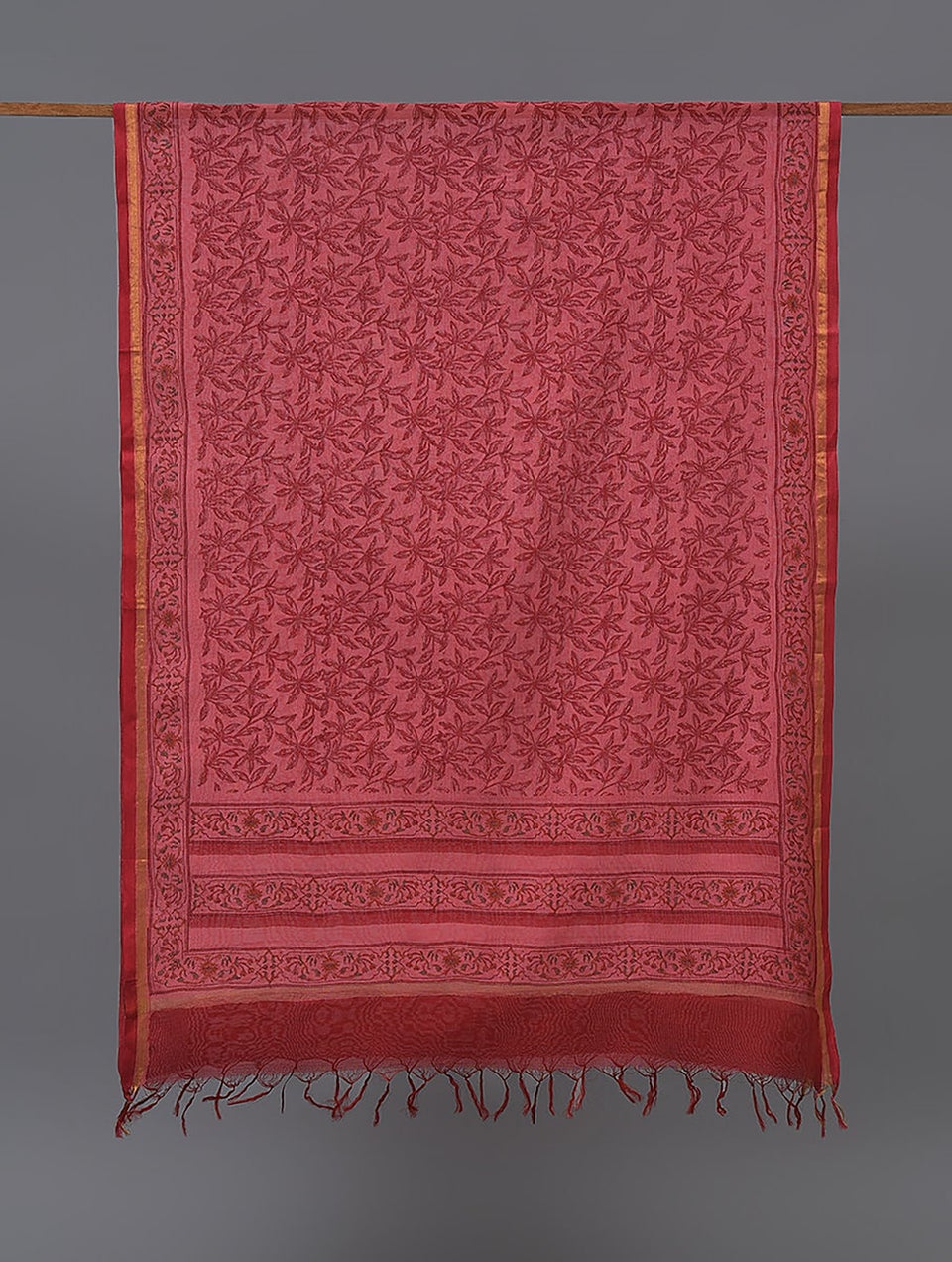 Women Red Cotton Silk Block Print Dupatta