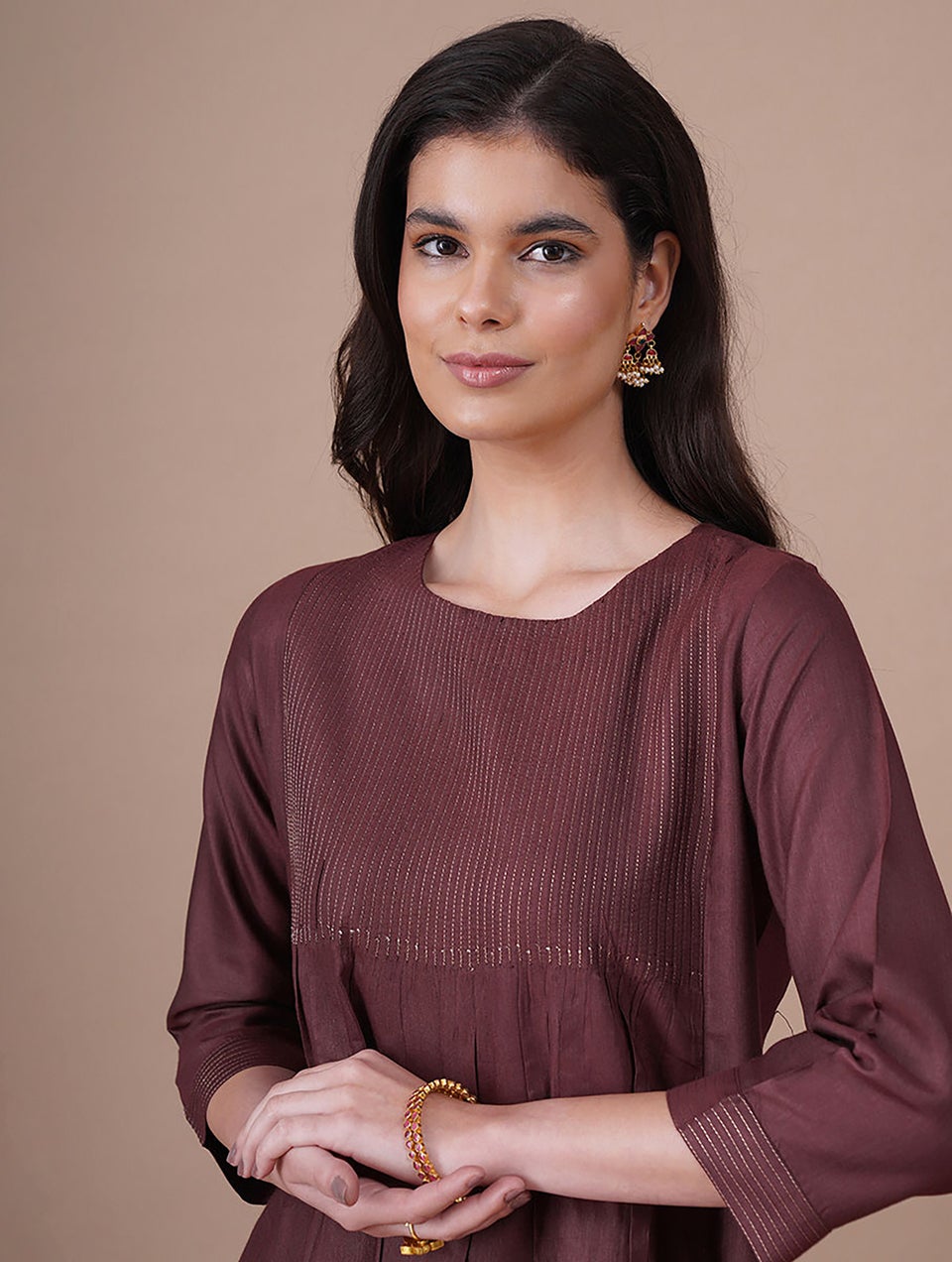 Women Wine Purple Viscose Round Neck Regular Fit Kurta