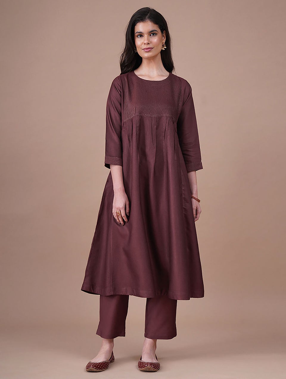 Women Wine Purple Viscose Round Neck Regular Fit Kurta