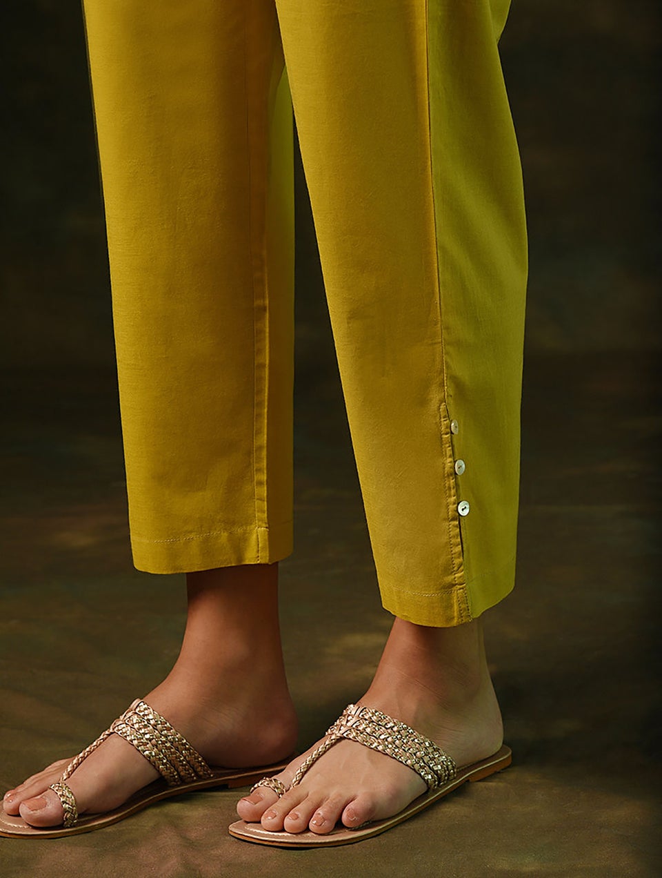 Women Mustard Yellow Cotton Solid Ankle Length Regular Fit Pant