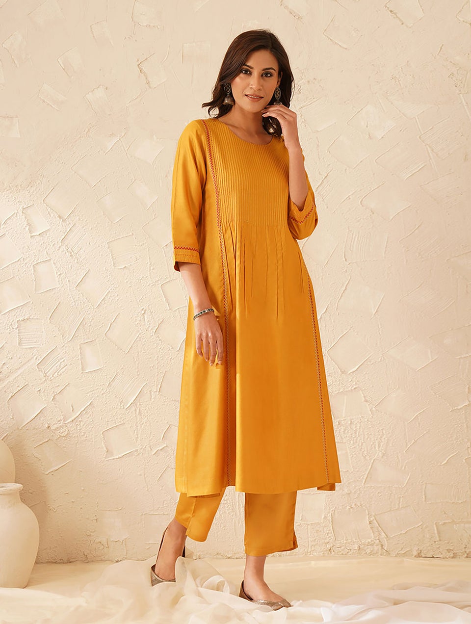 Women Mustard Yellow Viscose Hand Embroidery Round Neck Regular Fit Kurta