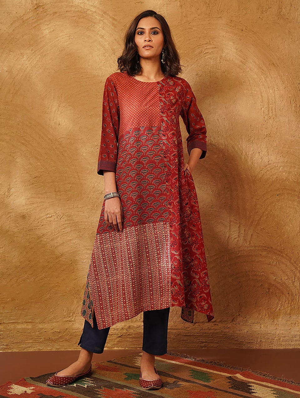Women Red Ajrakh Cotton Kurta Dress with Pockets