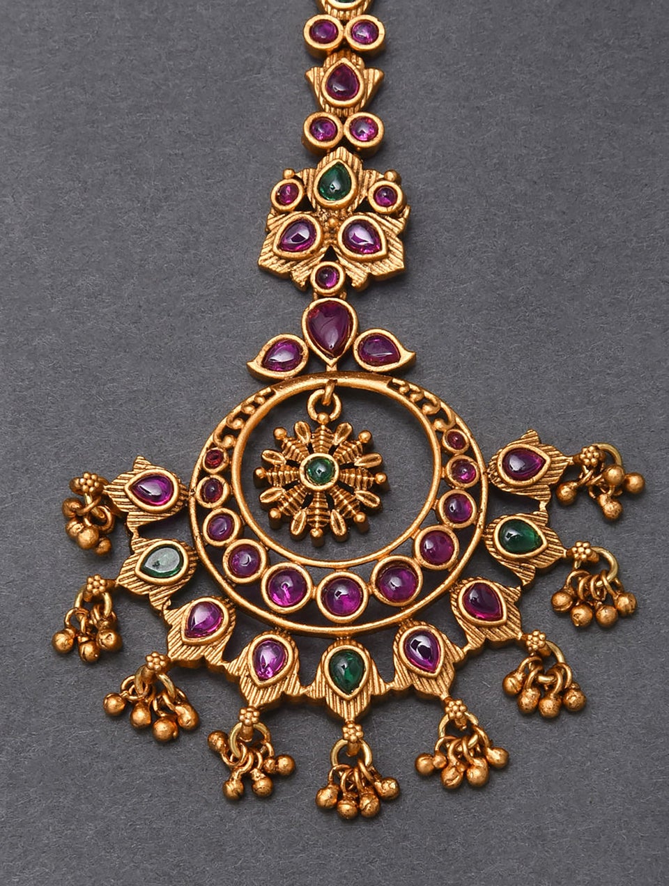 Women Pink Green Gold Tone Temple Maangtikka