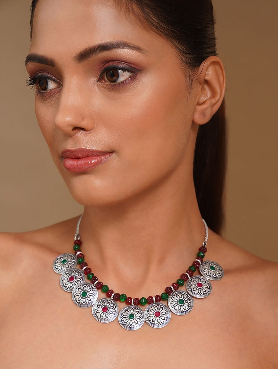 Women Red Green Silver Tone Tribal Necklace