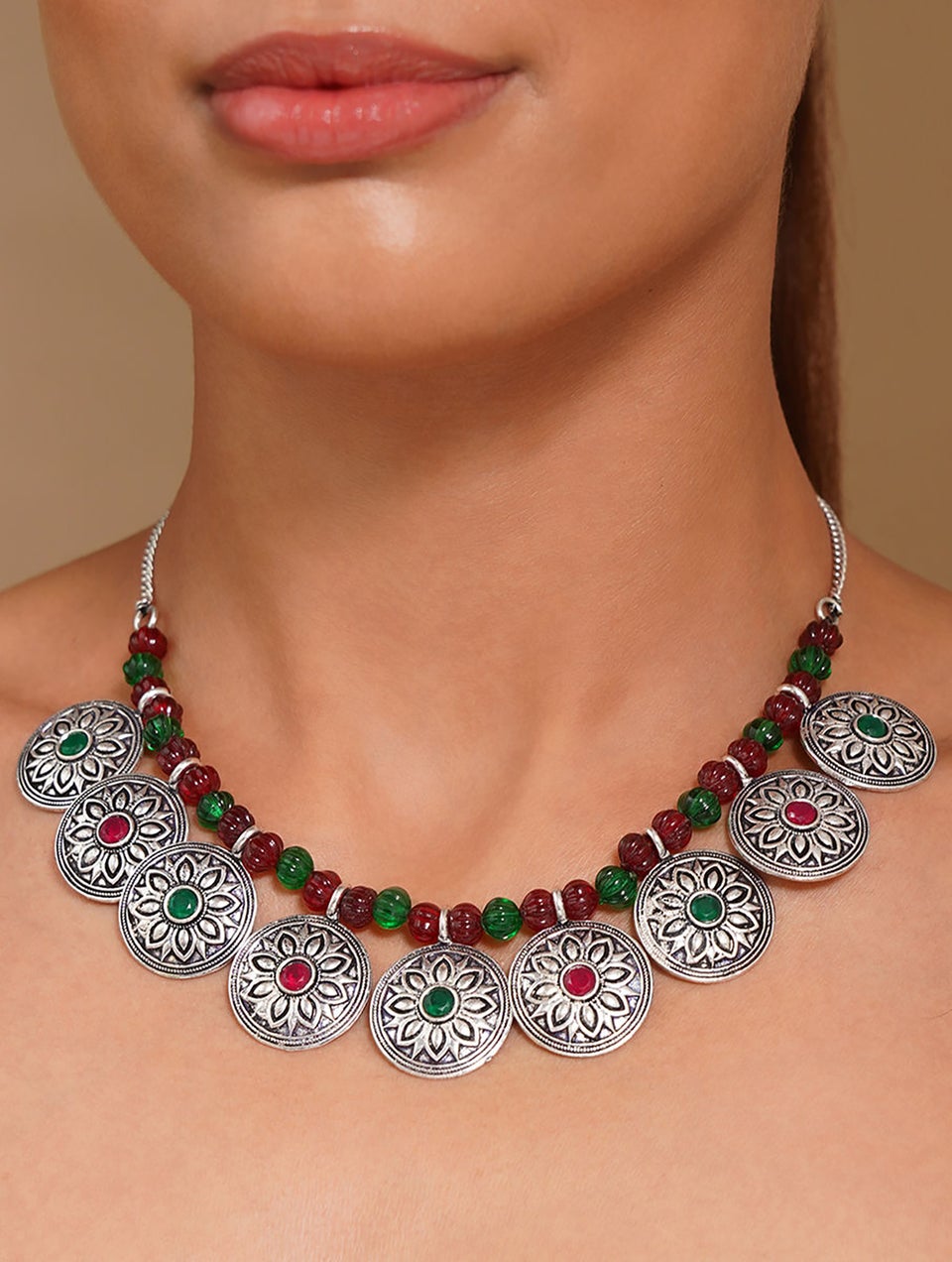 Women Red Green Silver Tone Tribal Necklace