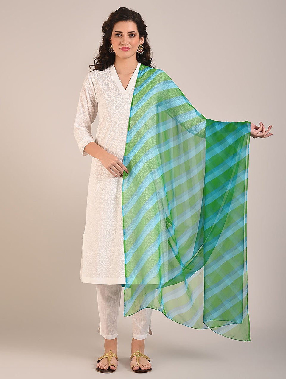 Women Green Leheriya Georgette Dupatta