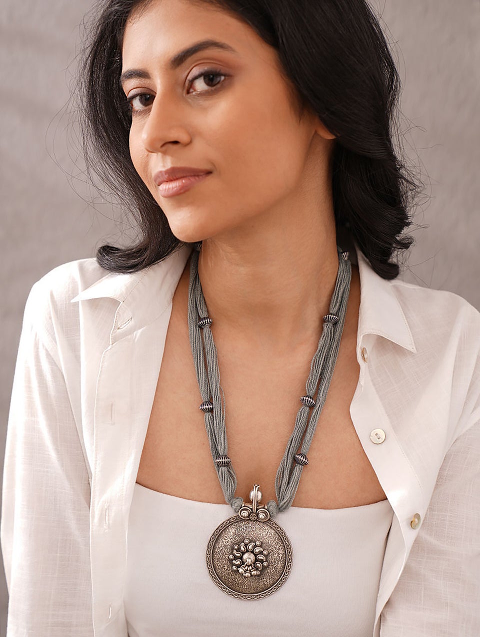 Women Grey Tribal Silver Thread Necklace Jaypore US