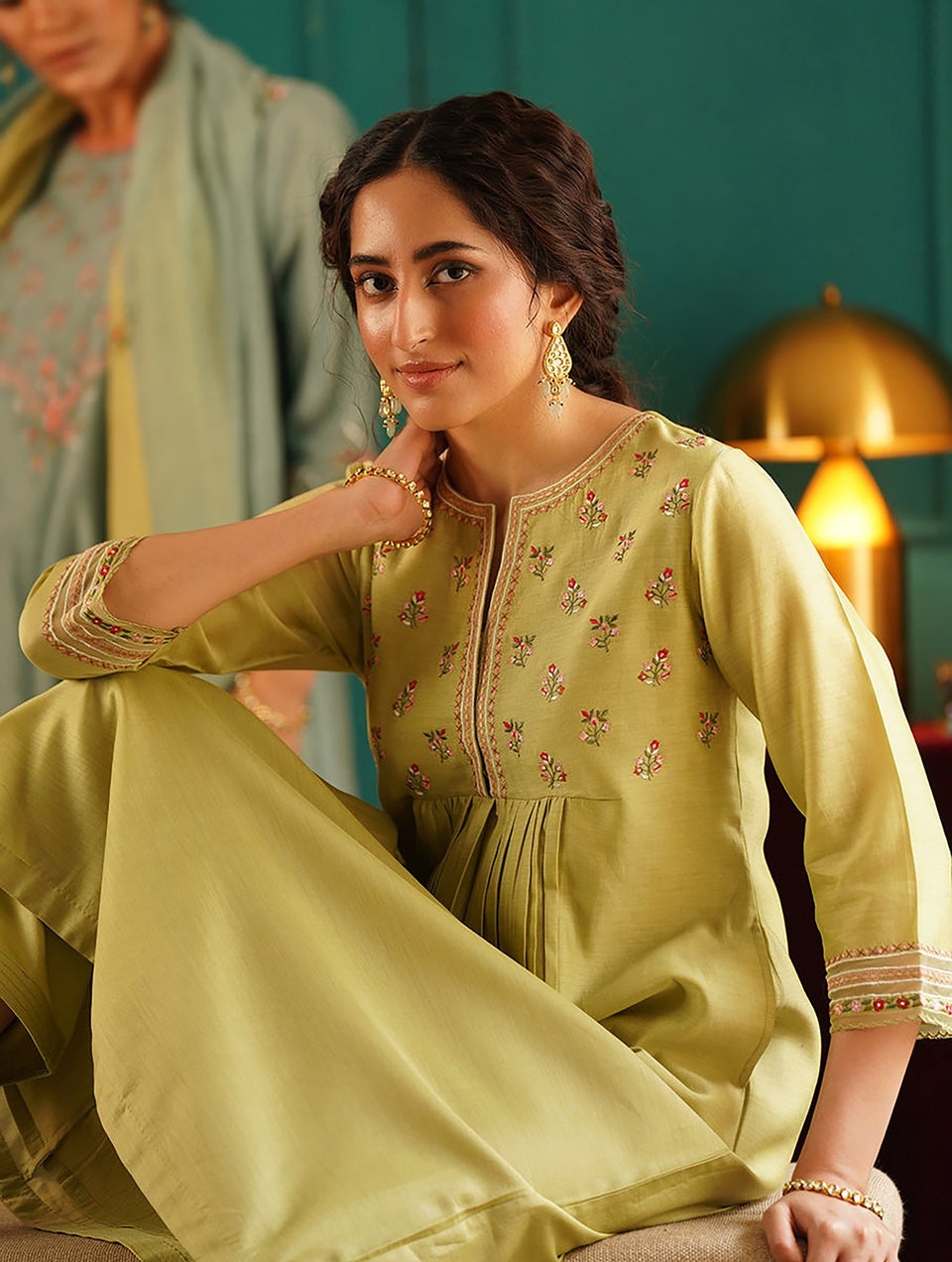 Women Lime Green Cotton Silk Round Neck Flared Kurta And Pant