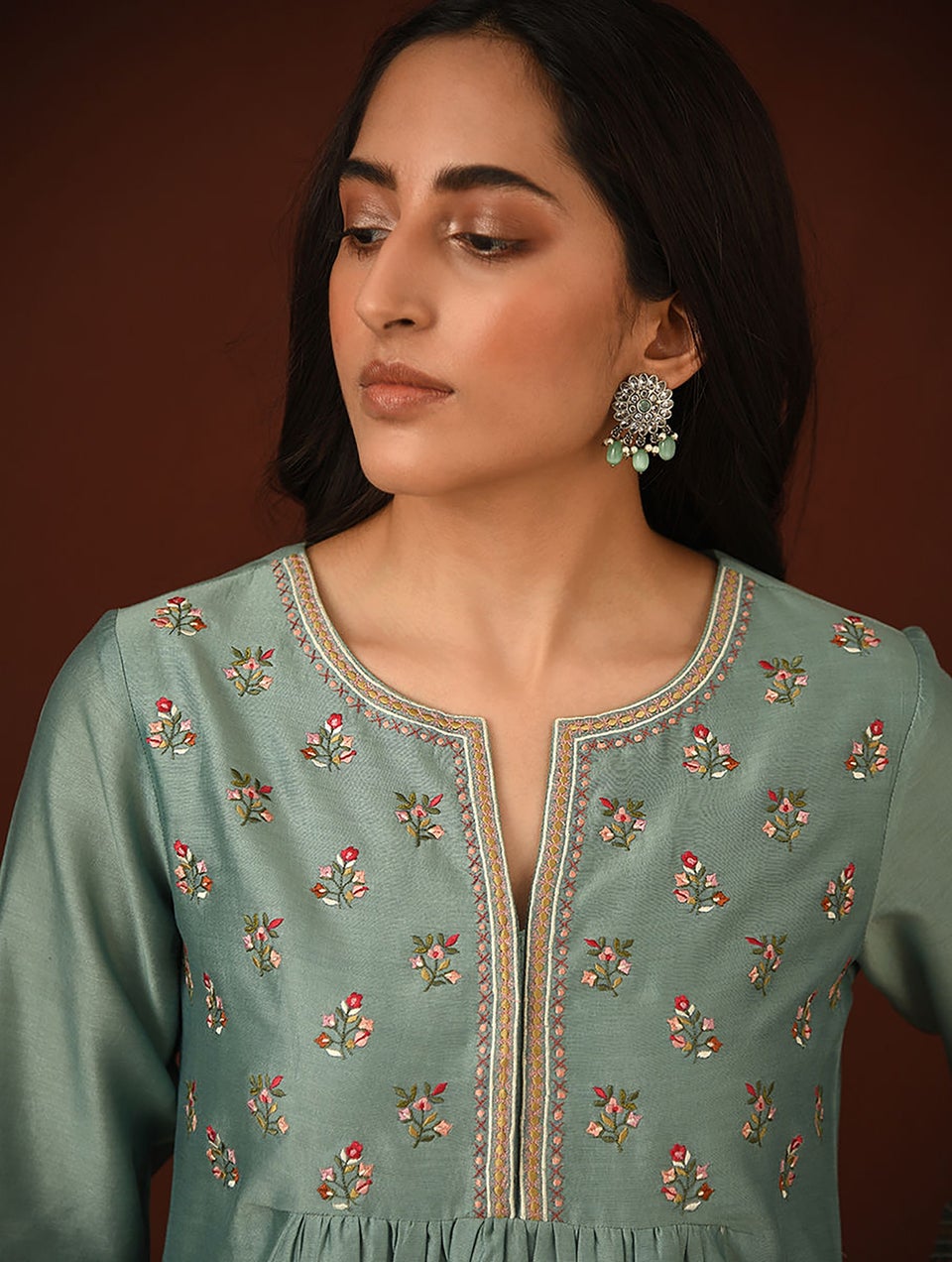 Women Blue Cotton Silk Round Neck Flared Kurta And Pant