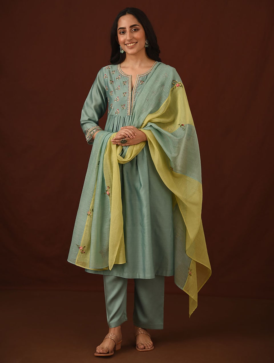 Women Blue Cotton Silk Round Neck Flared Kurta And Pant