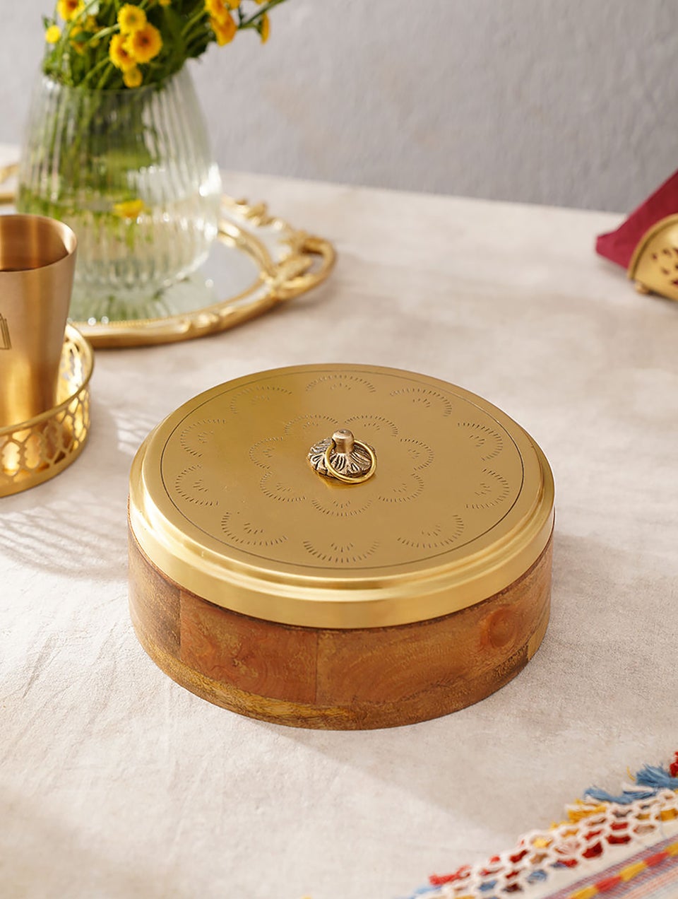 Wooden Roti Box With Brass Lid