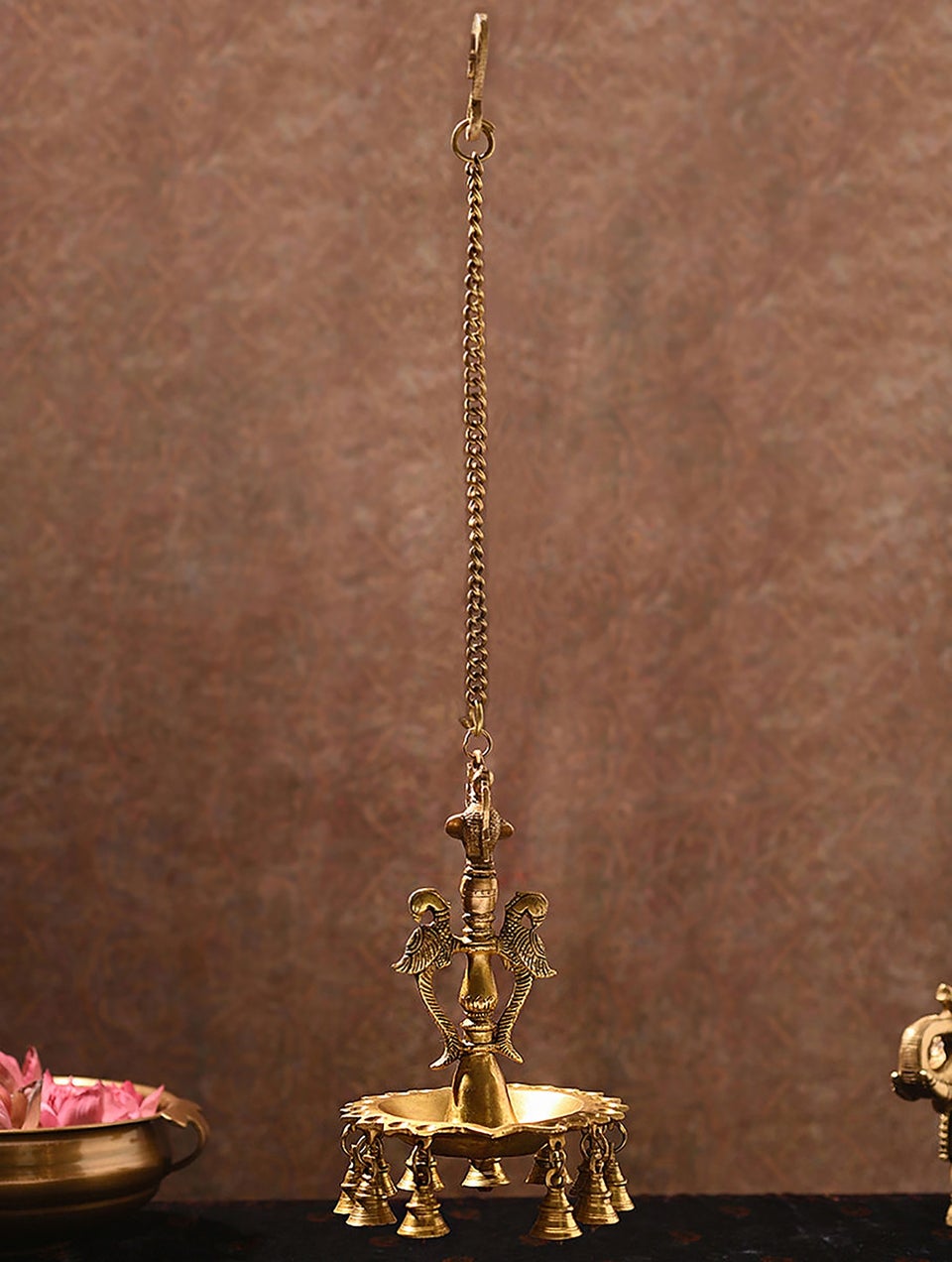 Brass Handcrafted Peacock Hanging Oil Lamp with 22 Diyas and 11 Bells