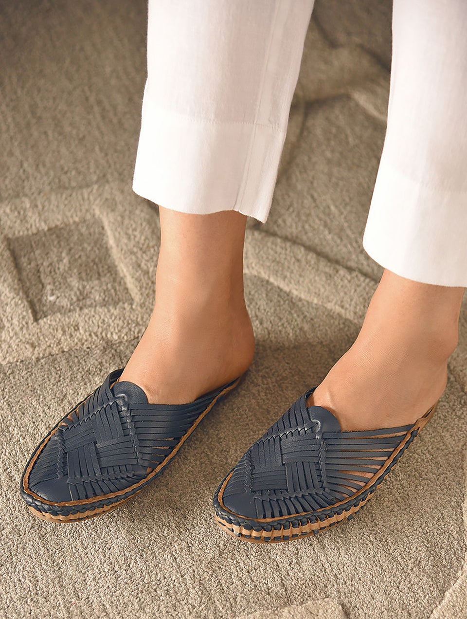 Women Navy Blue Handcrafted Genuine Leather Mules