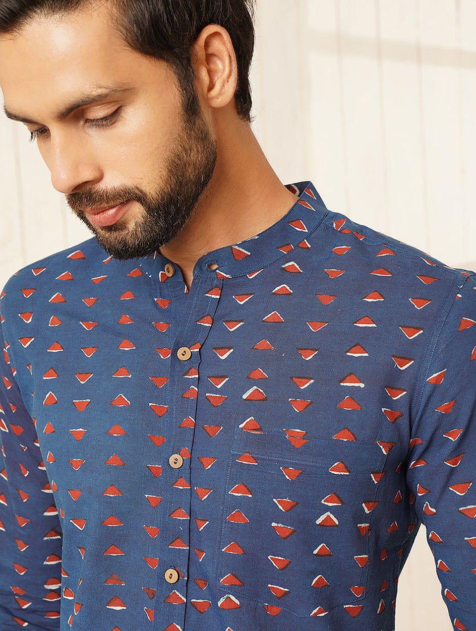 Men Multicolour Cotton Printed Mandarin Collar Regular Fit Shirt