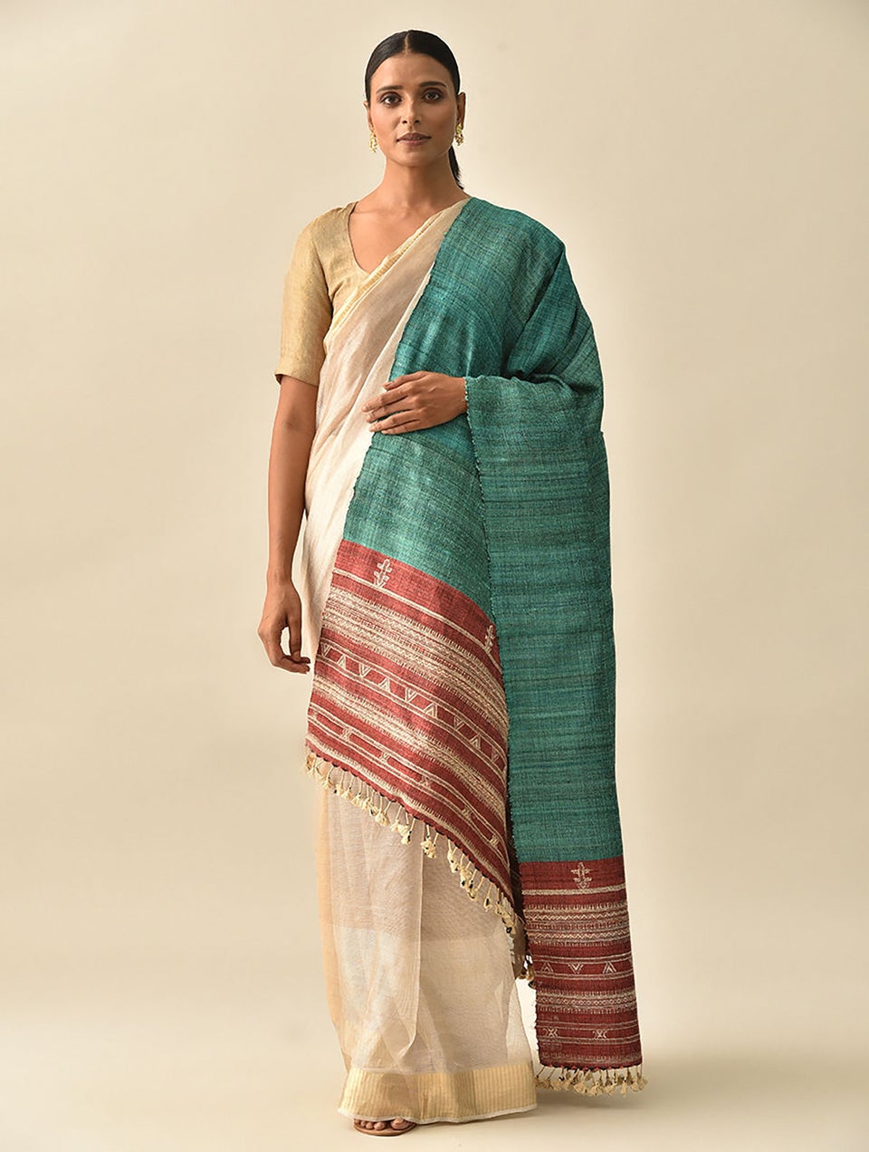 Women Teal Handwoven Bhujodi Silk Wool Shawl