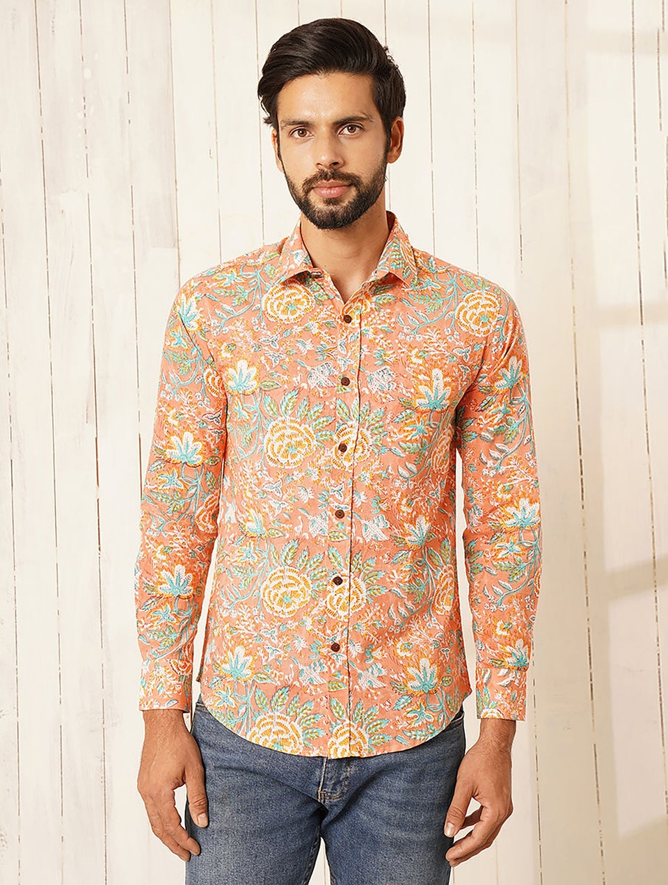 Men Multicolor Block Printed Cotton Full Sleeve Shirt