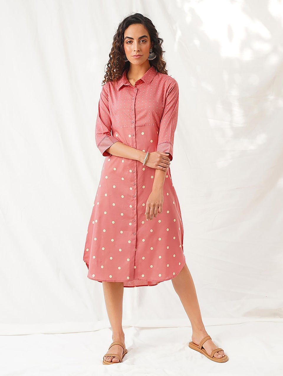 Women Coral Button-Down Discharge Print Cotton Kurta Dress