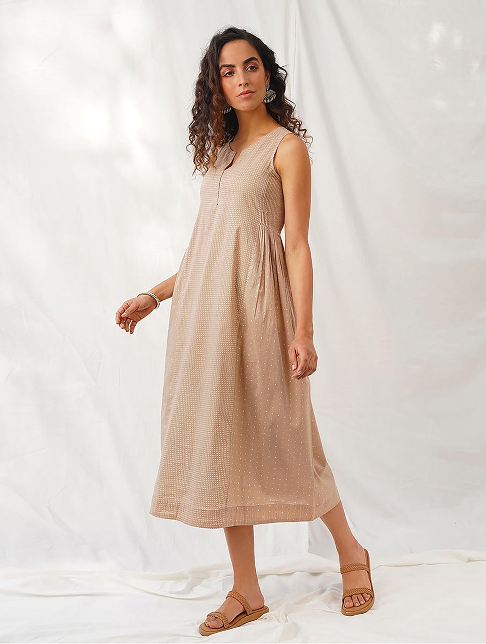 Women Brown Discharge Print Cut Sleeves Cotton Dress