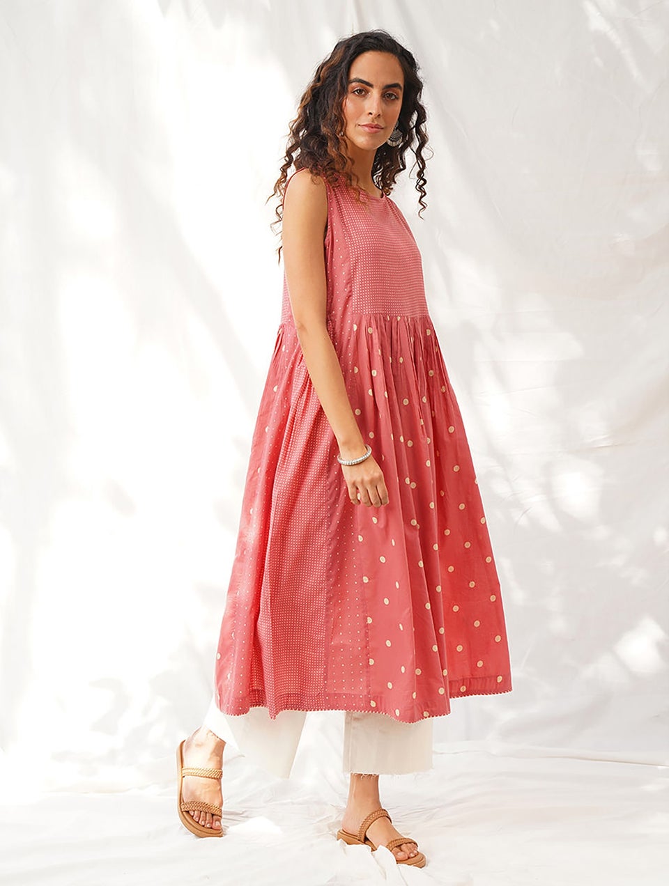 Women Coral Discharge Print Cotton Dress with Gathers