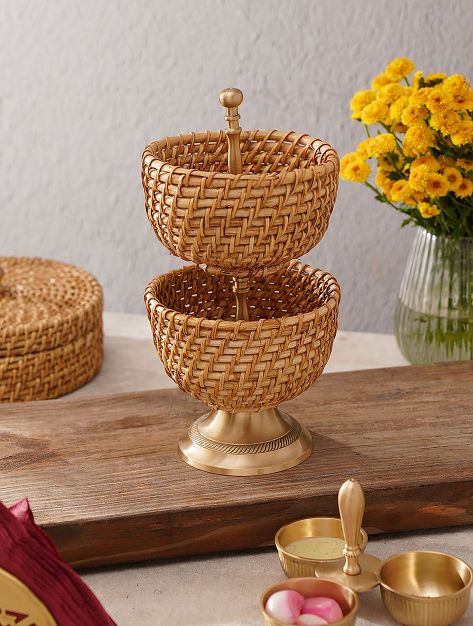 Handcrafted Rattan And Brass 2 Tier Serving Basket