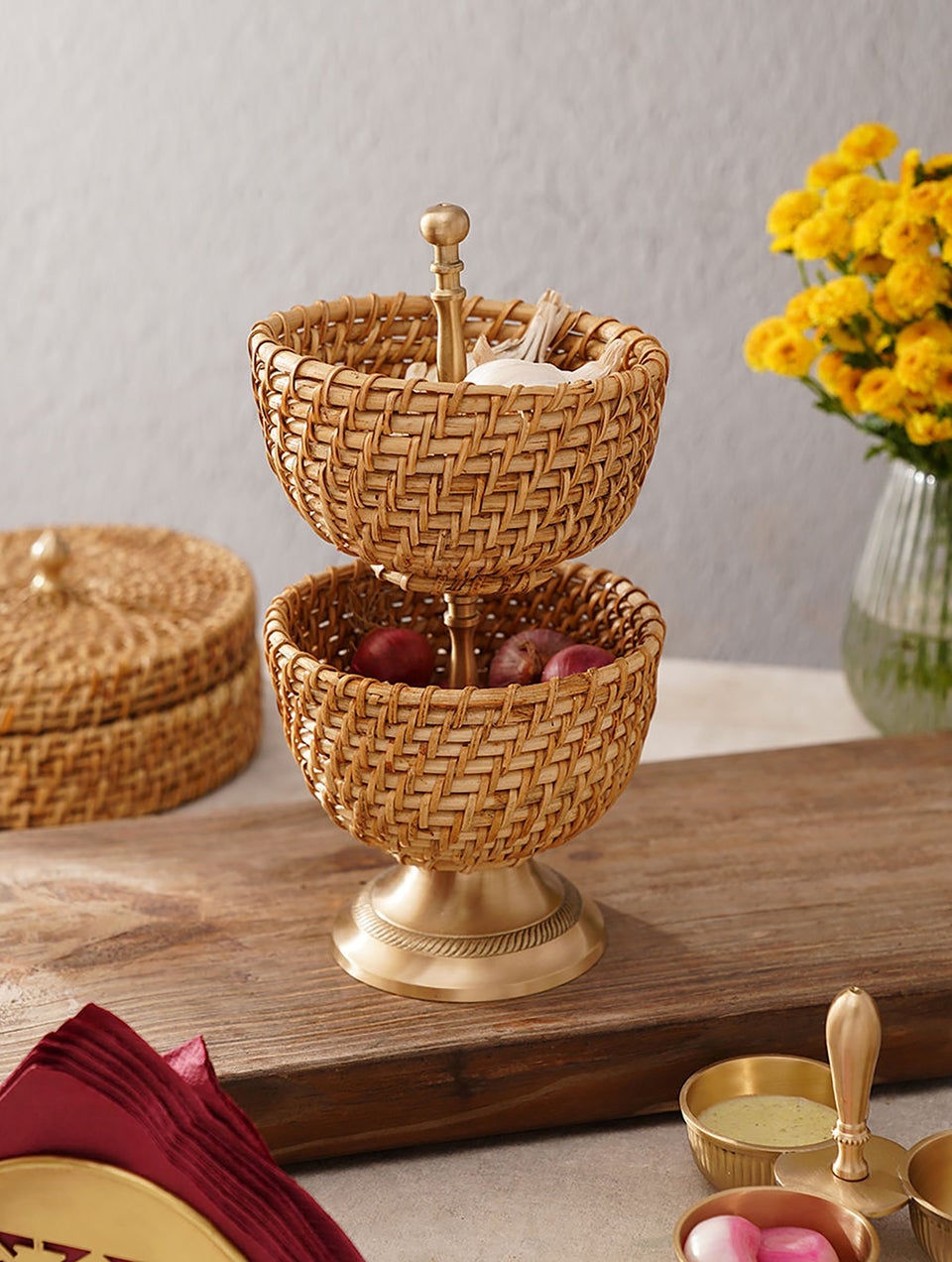 Handcrafted Rattan And Brass 2 Tier Serving Basket