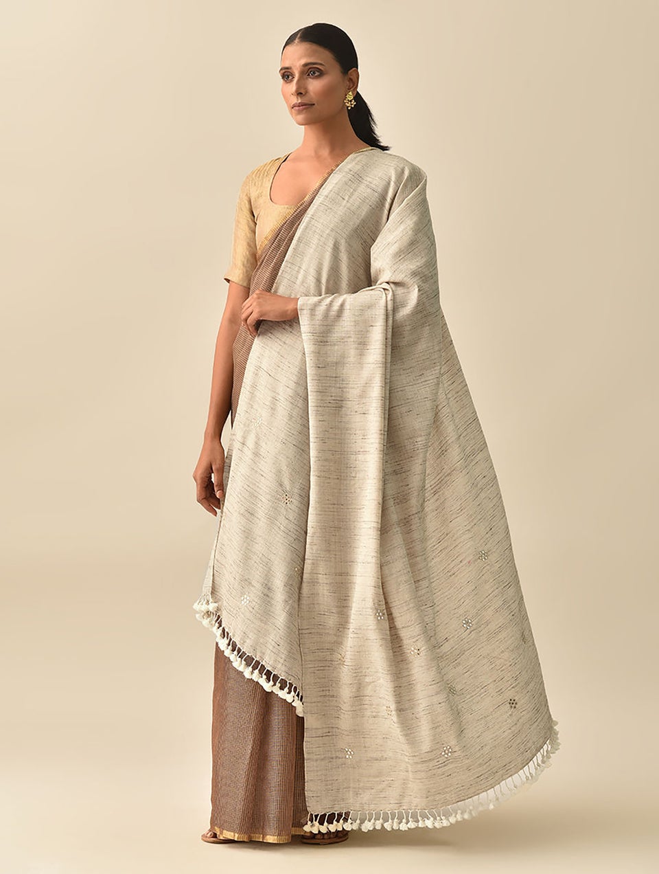 Women Ivory Handwoven Bhujodi Silk Wool Shawl