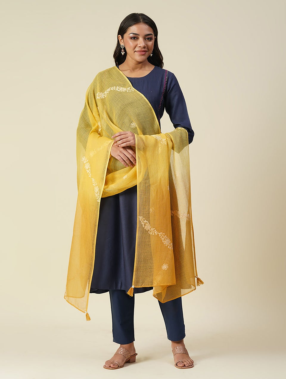 Women Mustard Yellow Chikankari Dupatta