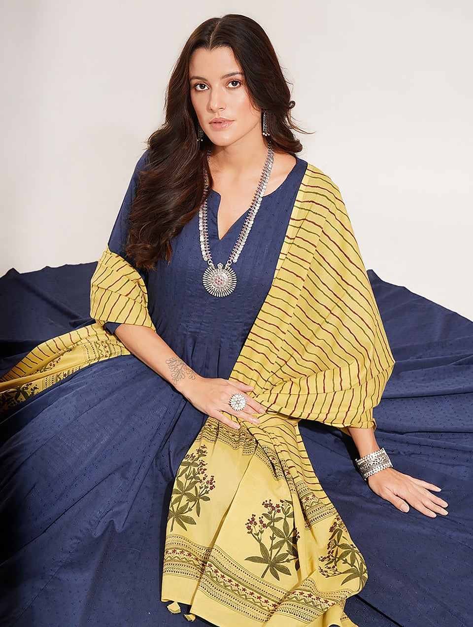 Women Blue Cotton Round Neck Flared Kurta