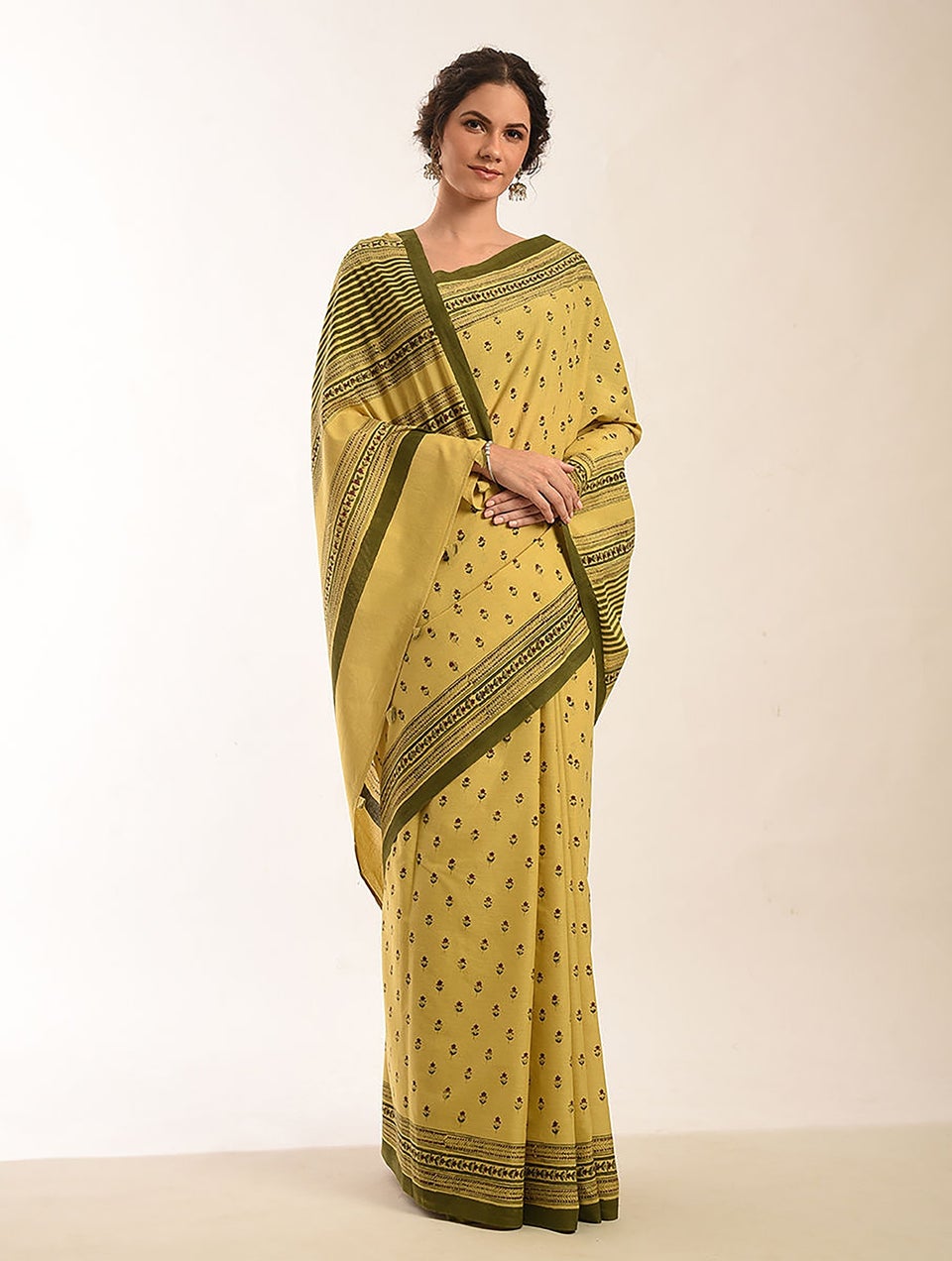 Women Yellow Block Printed Voil Saree