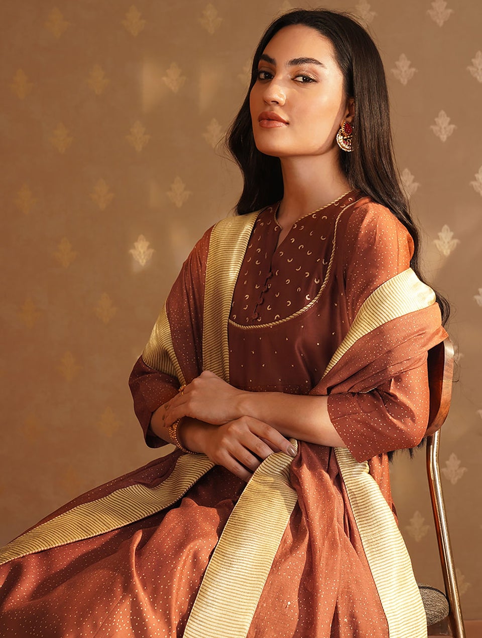 Women Red Cotton Silk Khadi Round Neck Flared Kurta