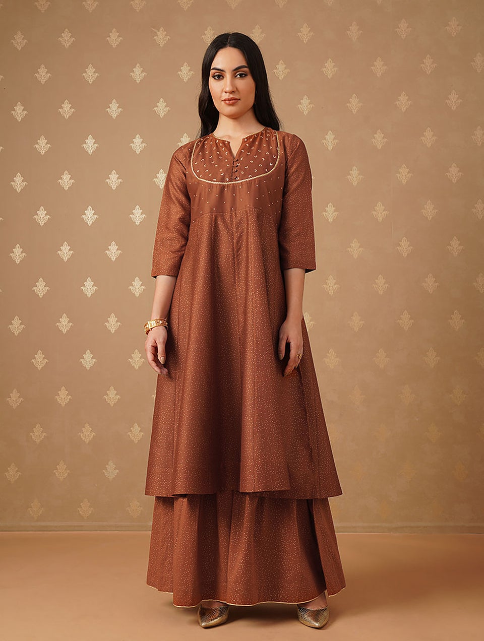 Women Red Cotton Silk Khadi Round Neck Flared Kurta