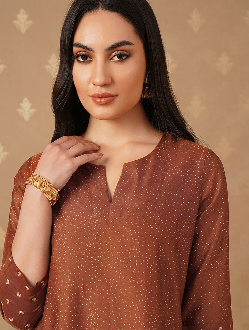 Women Red Cotton Silk Khadi Round Neck Straight Fit Kurta