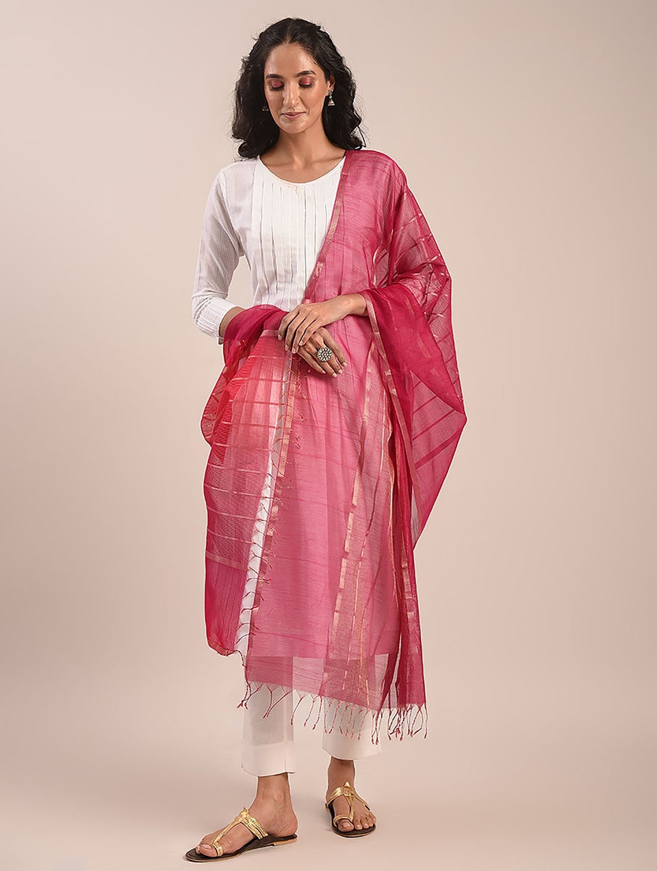 Women Pink Cotton Silk Maheshwari Dupatta